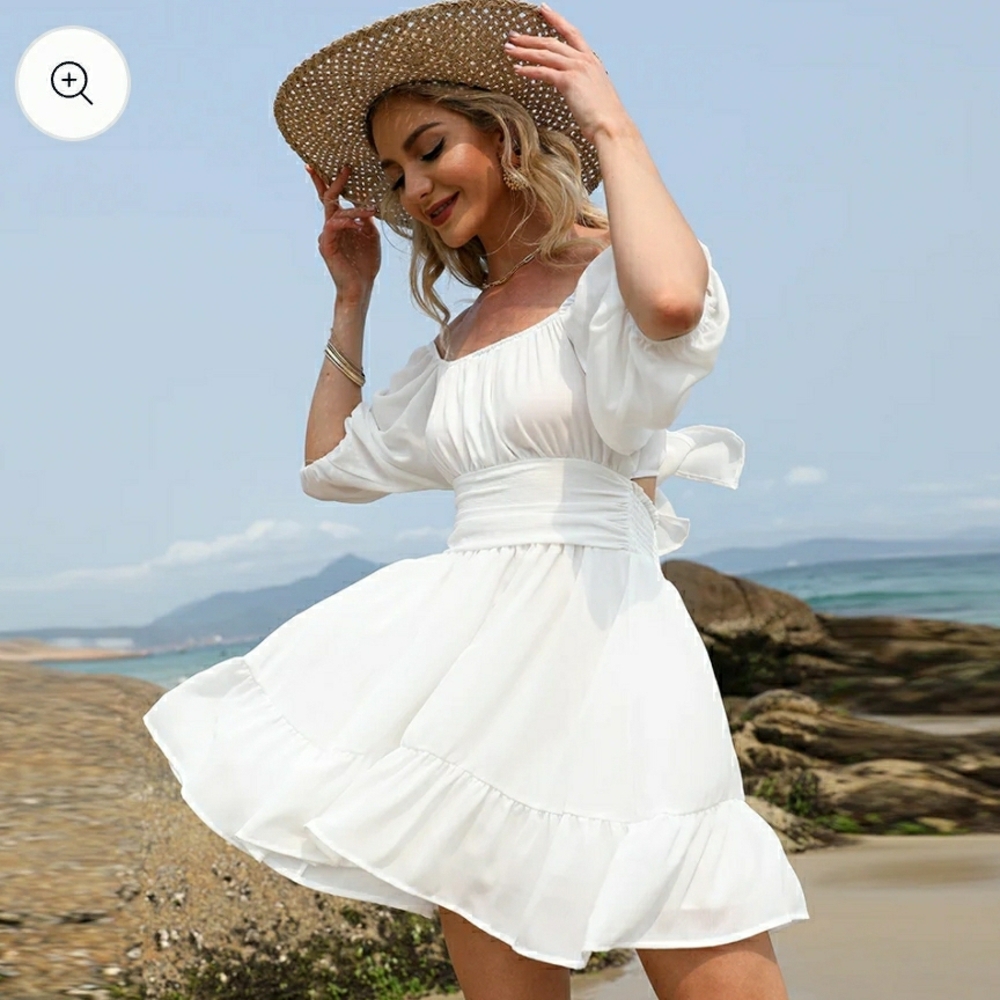 Elegant White Tie Back Women's Dress - Picture 1 of 15